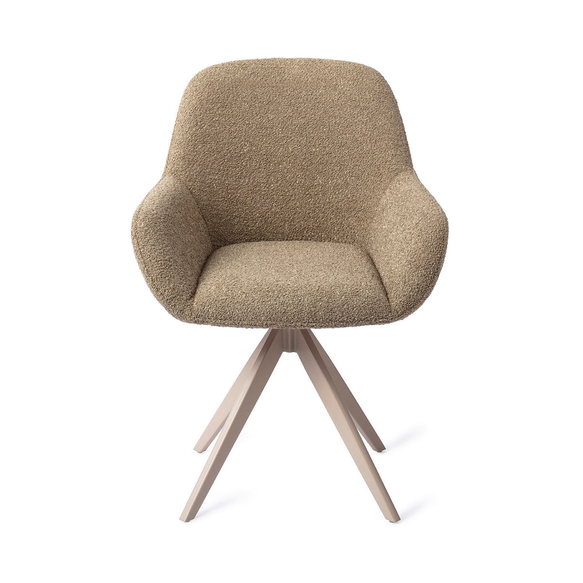 Chaise de salle à manger Kushi kaki sur piètement pivotant beige vue de face coque enveloppante et accoudoirs