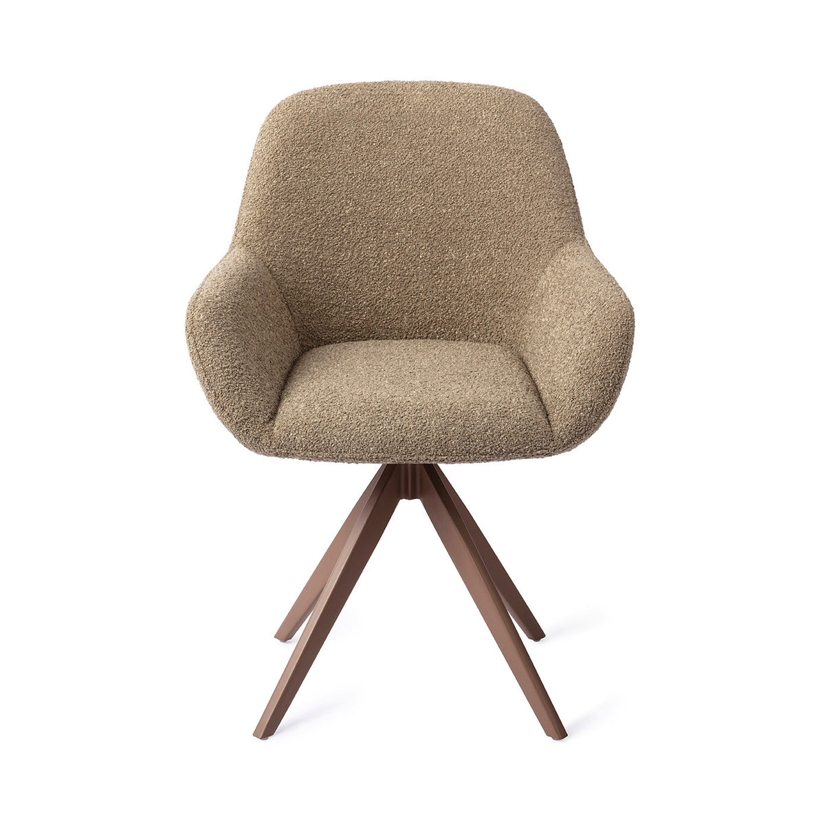 Chaise de salle à manger Kushi kaki sur piètement pivotant brun vue de face coque enveloppante et accoudoirs