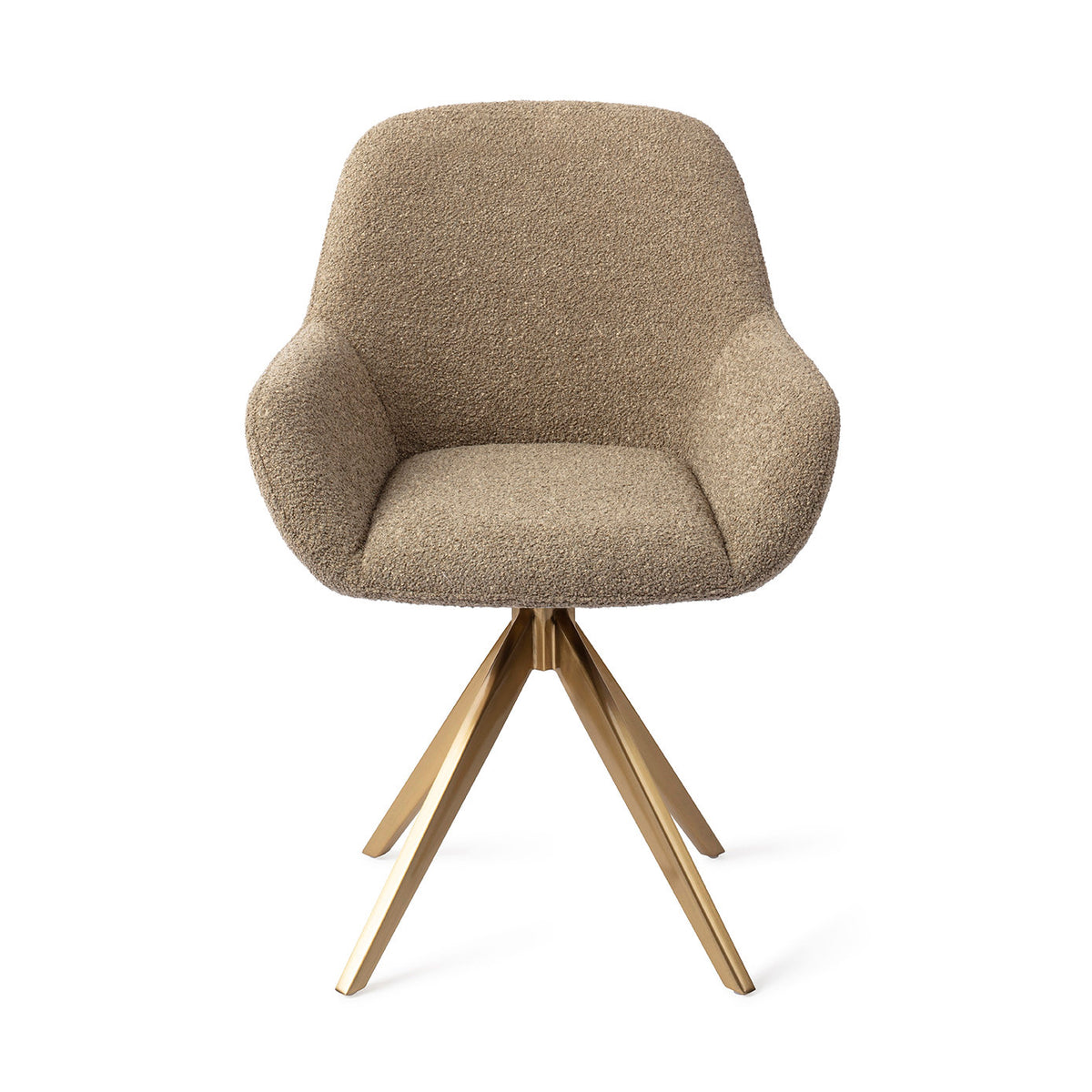 Chaise de salle à manger Kushi kaki sur piètement pivotant doré vue de face coque enveloppante et accoudoirs