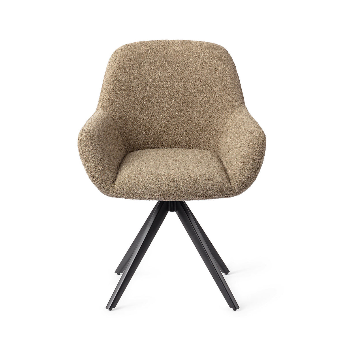 Chaise de salle à manger Kushi kaki sur piètement pivotant noir vue de face coque enveloppante et accoudoirs