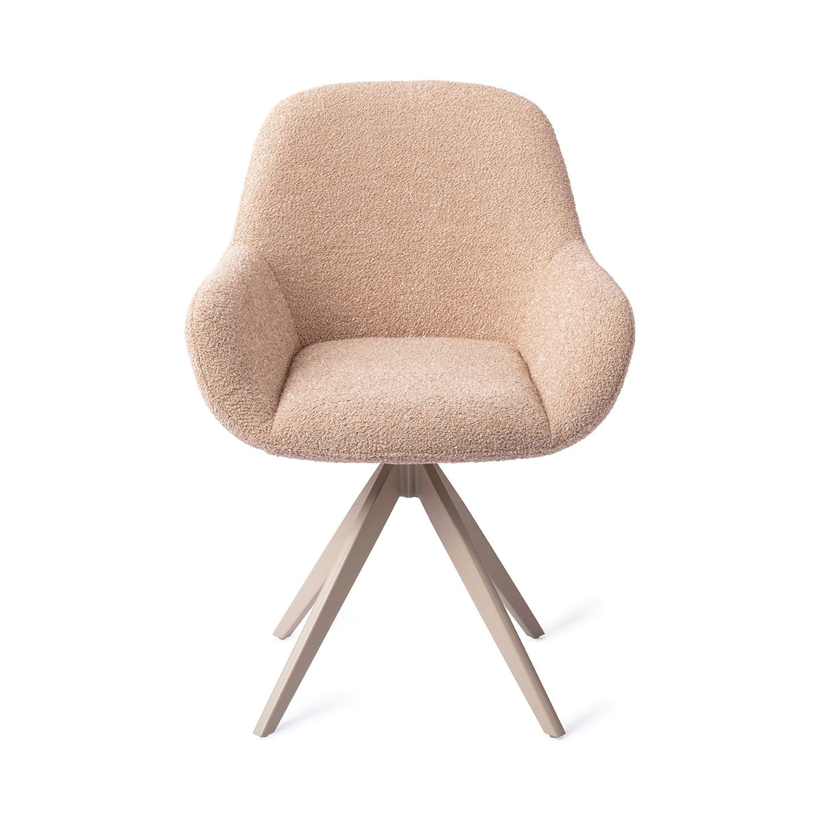 Chaise de salle à manger Kushi rose poudré sur piètement pivotant beige vue de face coque enveloppante et accoudoirs