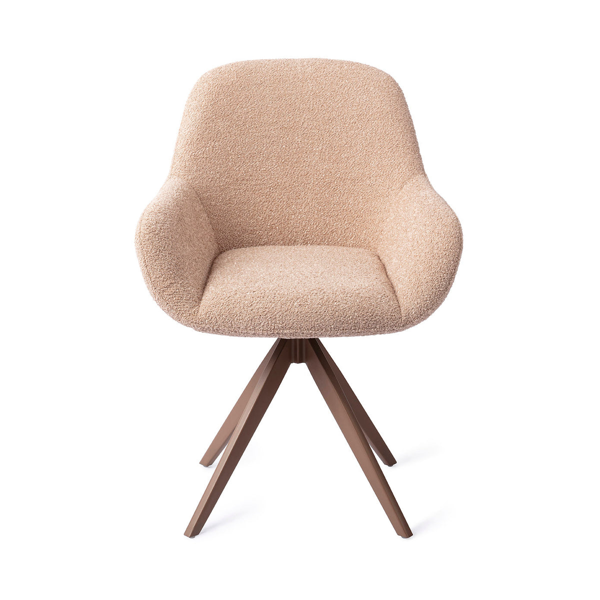 Chaise de salle à manger Kushi rose poudré sur piètement pivotant brun vue de face coque enveloppante et accoudoirs