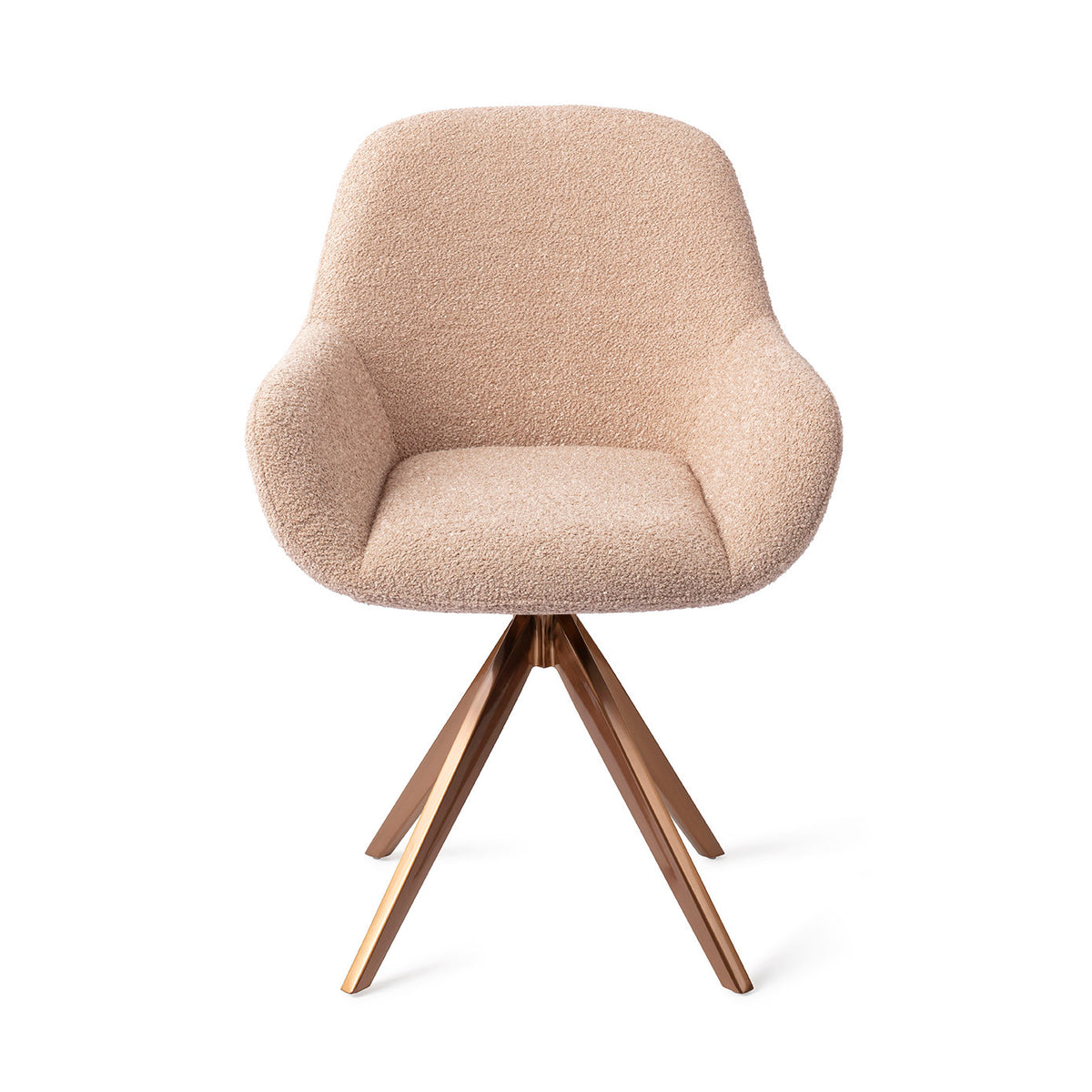Chaise de salle à manger Kushi rose poudré sur piètement pivotant cuivré vue de face coque enveloppante et accoudoirs