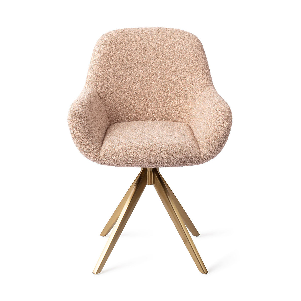Chaise de salle à manger Kushi rose poudré sur piètement pivotant doré vue de face coque enveloppante et accoudoirs
