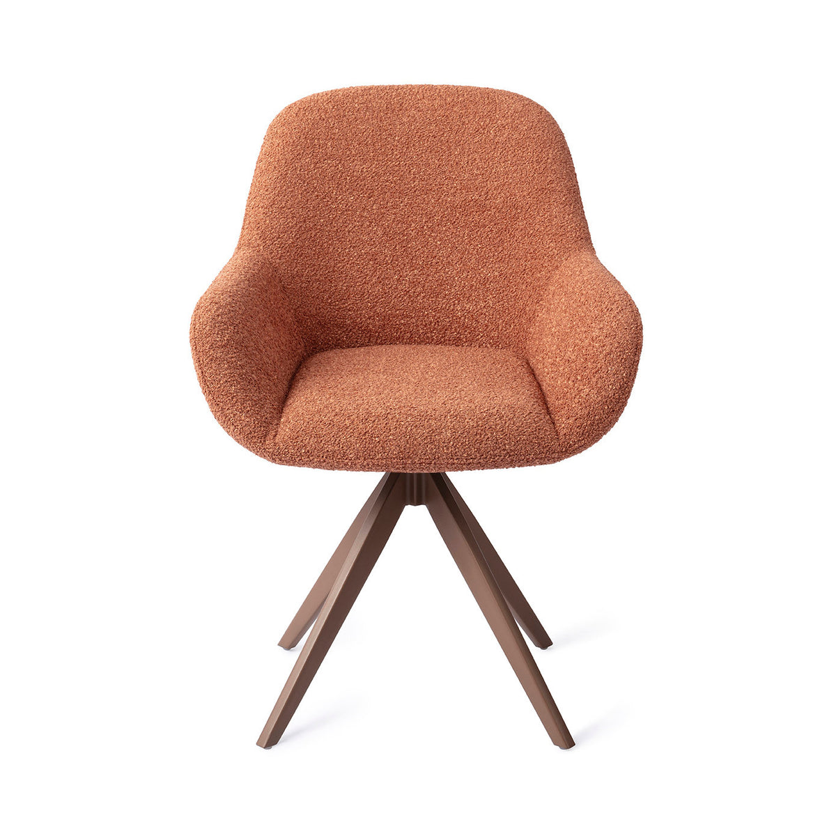 Chaise de salle à manger Kushi terracotta sur piètement pivotant brun vue de face coque enveloppante et accoudoirs