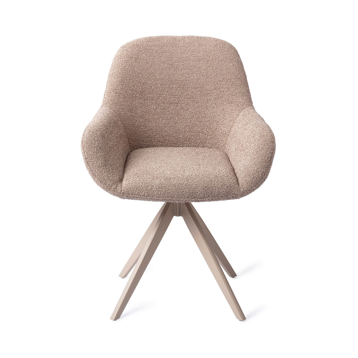 Chaise de salle à manger Kushi vieux rose sur piètement pivotant beige vue de face coque enveloppante et accoudoirs