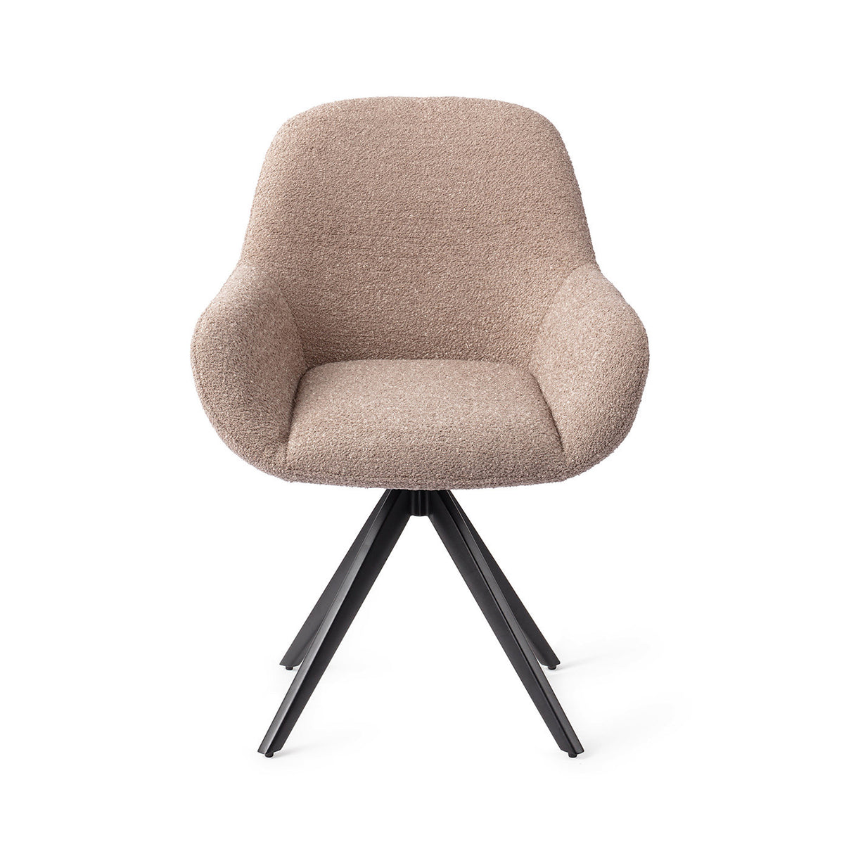 Chaise de salle à manger Kushi vieux rose sur piètement pivotant noir vue de face coque enveloppante et accoudoirs