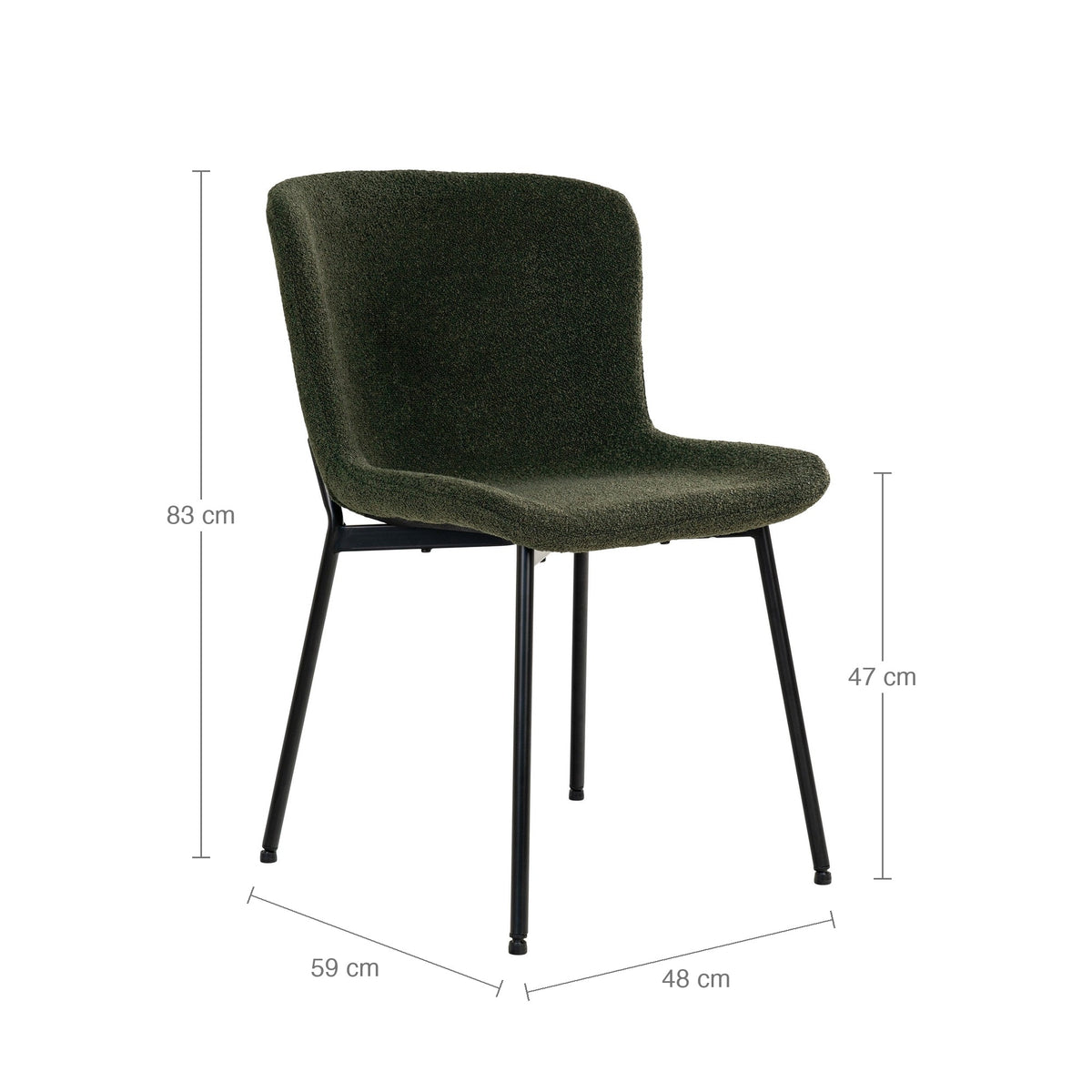 Schéma coté chaise de salle à manger Maceda hauteur 83 cm largeur 48 cm profondeur 59 cm hauteur d'assise 47 cm