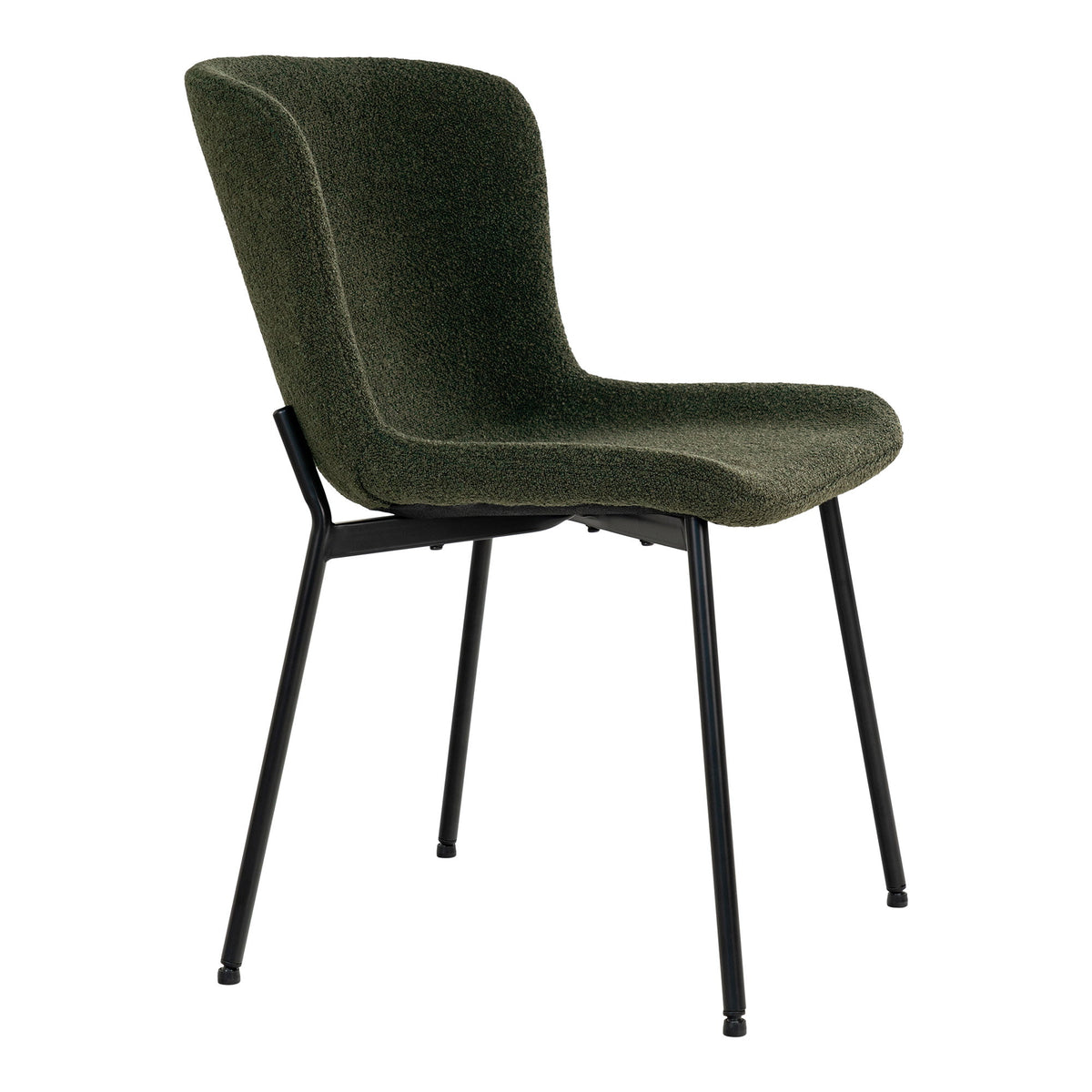 Chaise Maceda bouclé vert foncé vue de trois quarts côté structure en acier noir