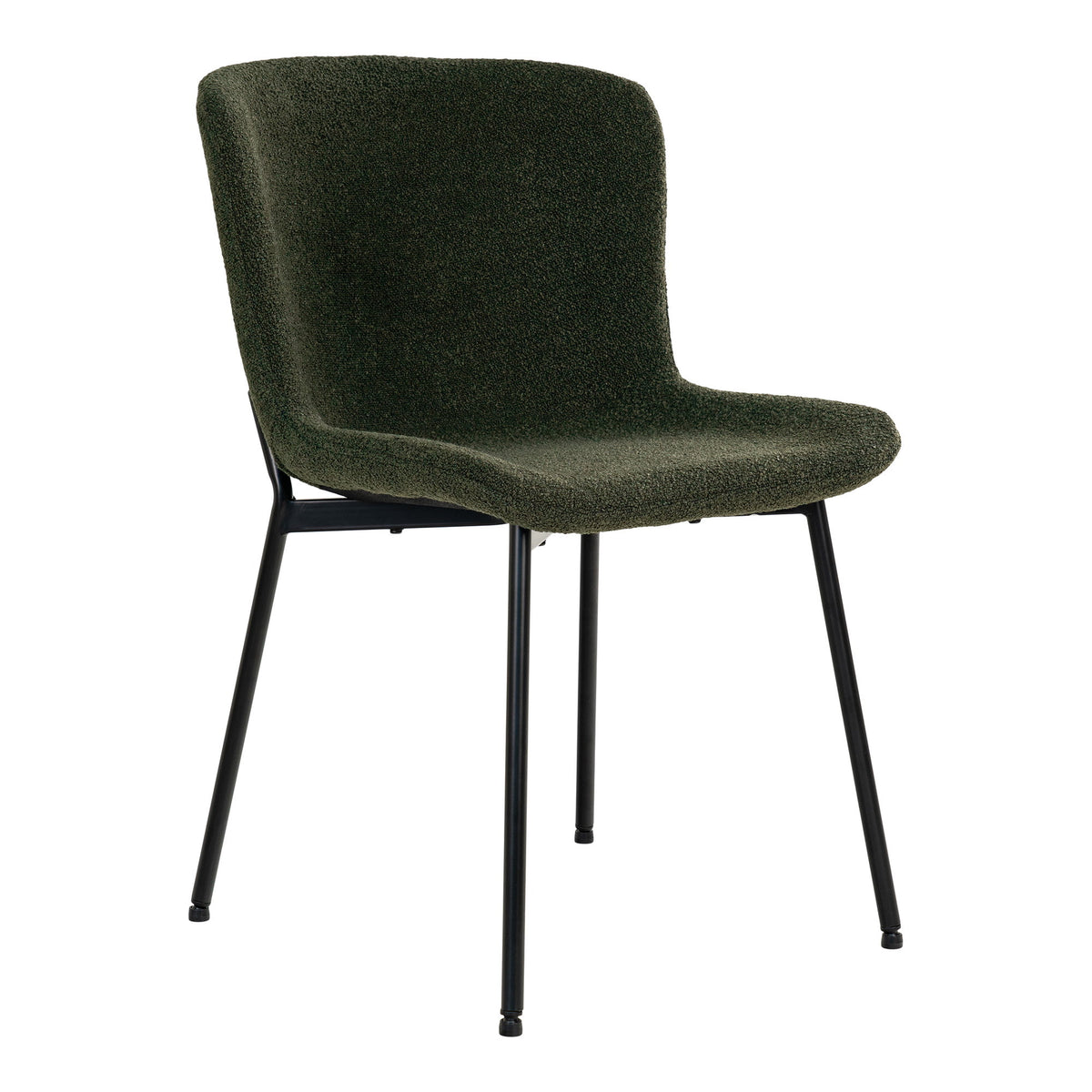 Chaise de salle à manger Maceda bouclé vert foncé vue de trois quarts coque enveloppante et pieds en acier noir