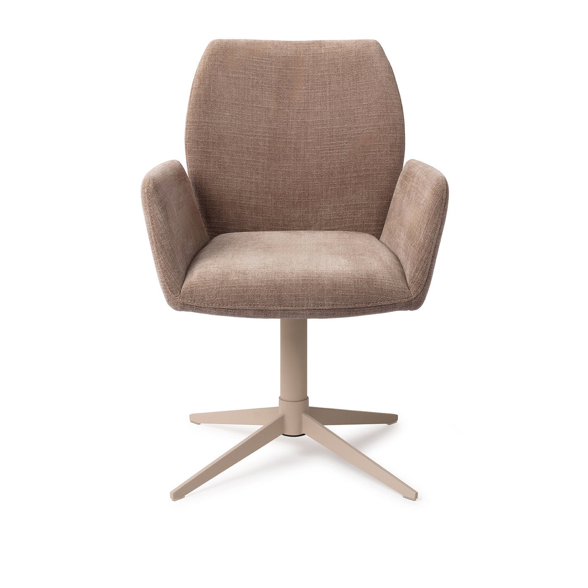 Chaise de salle à manger Misaki taupe sur pied central beige vue de face accoudoirs détachés du dossier