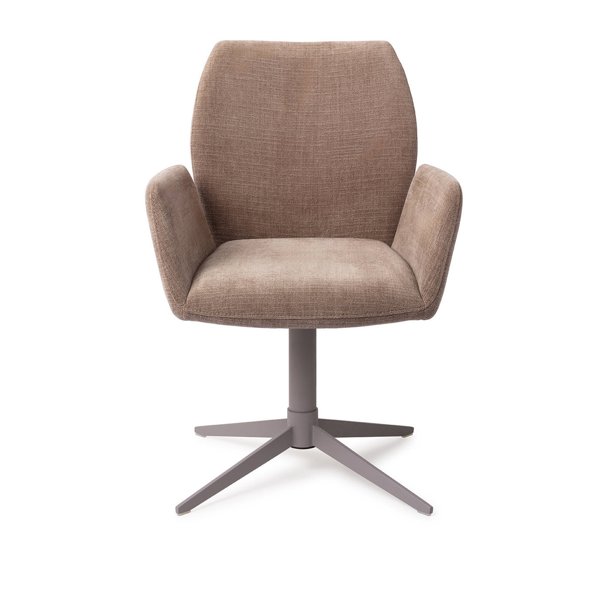 Chaise de salle à manger Misaki taupe sur pied central gris vue de face accoudoirs détachés du dossier