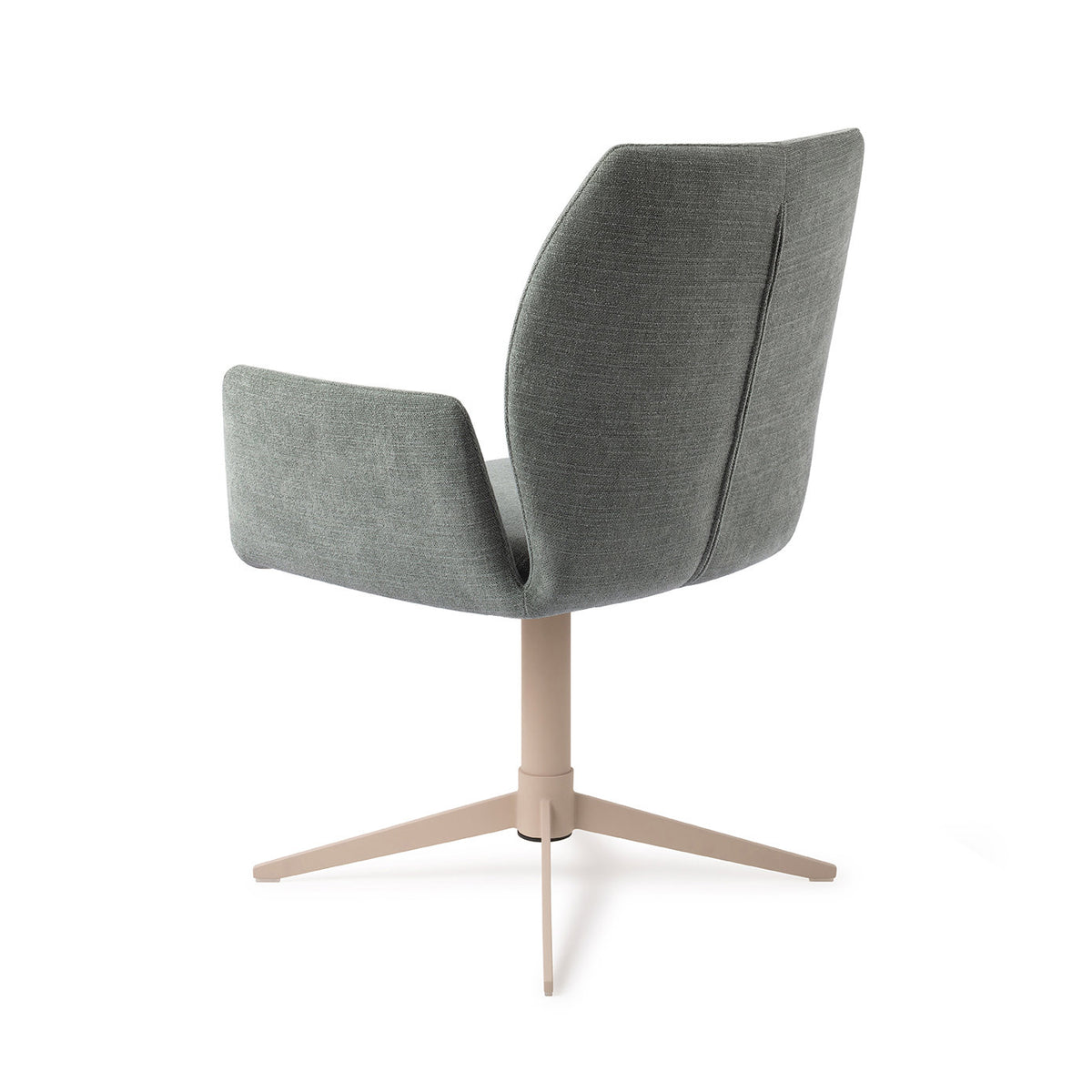 Dos de la chaise Misaki vert sauge avec son pied central beige à quatre branches