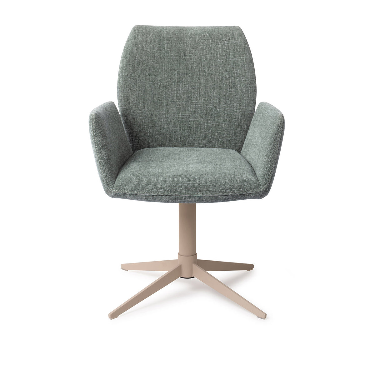 Chaise de salle à manger Misaki vert sauge sur pied central beige vue de face accoudoirs détachés du dossier