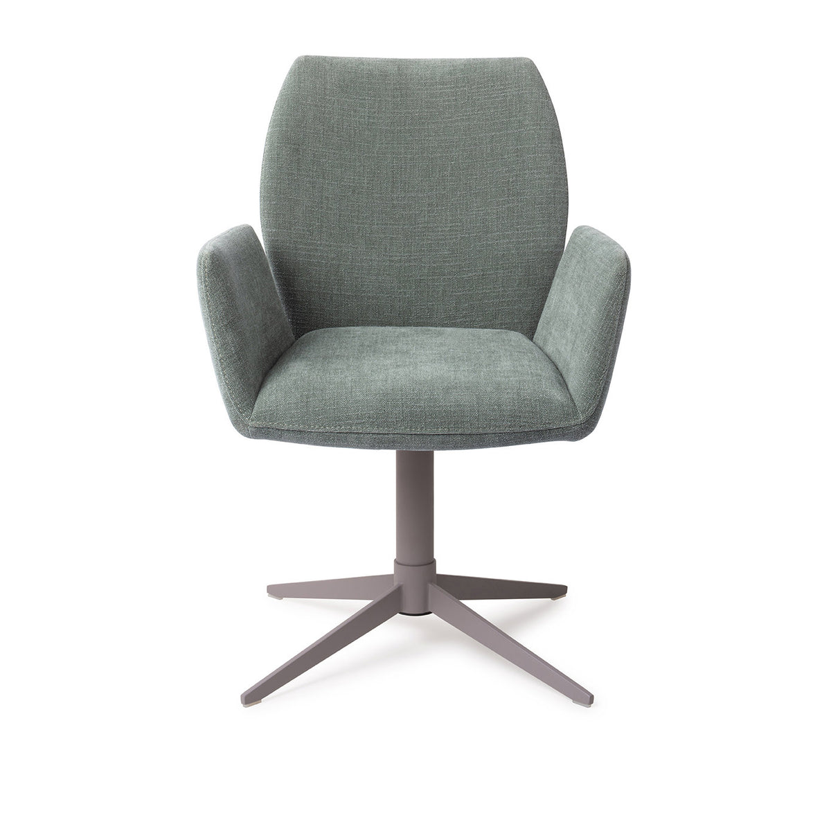 Chaise de salle à manger Misaki vert sauge sur pied central gris vue de face accoudoirs détachés du dossier