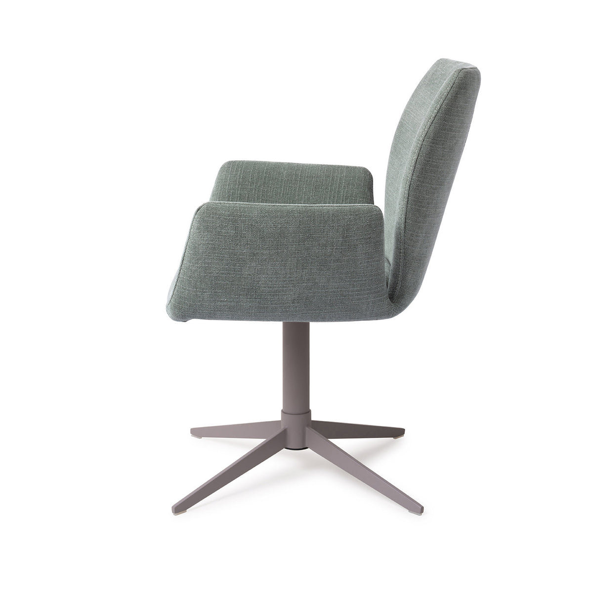 Chaise Misaki vert sauge vue de profil sur son pied central gris