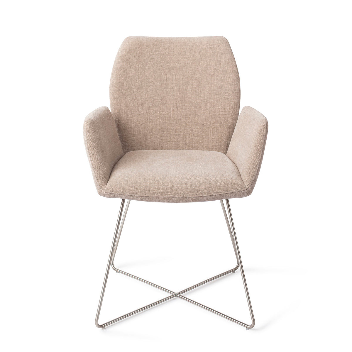 Chaise de salle à manger Misaki sable sur piètement luge croisé gris acier vue de face accoudoirs détachés du dossier