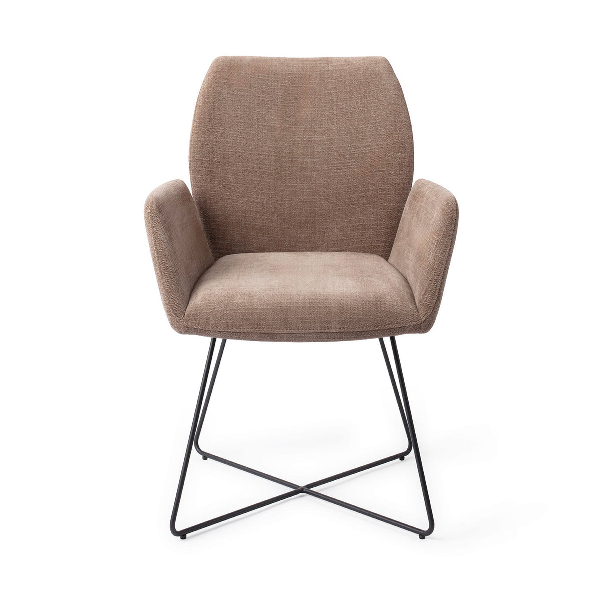 Chaise de salle à manger Misaki taupe sur piètement luge croisé noir vue de face accoudoirs détachés du dossier