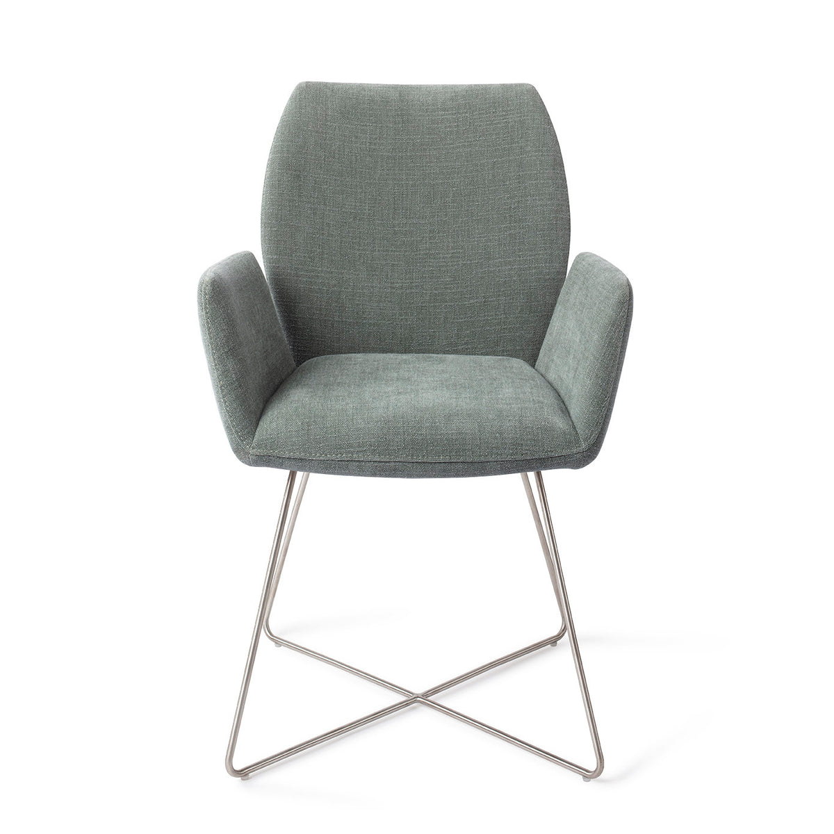 Chaise de salle à manger Misaki vert sauge sur piètement luge croisé gris acier vue de face accoudoirs détachés du dossier