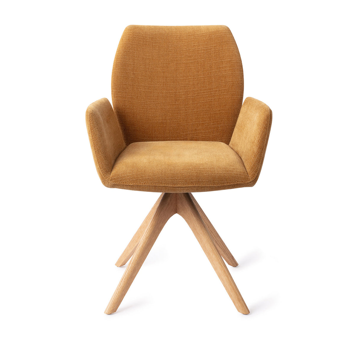 Chaise de salle à manger Misaki ocre sur piètement pivotant chêne naturel vue de face accoudoirs détachés du dossier