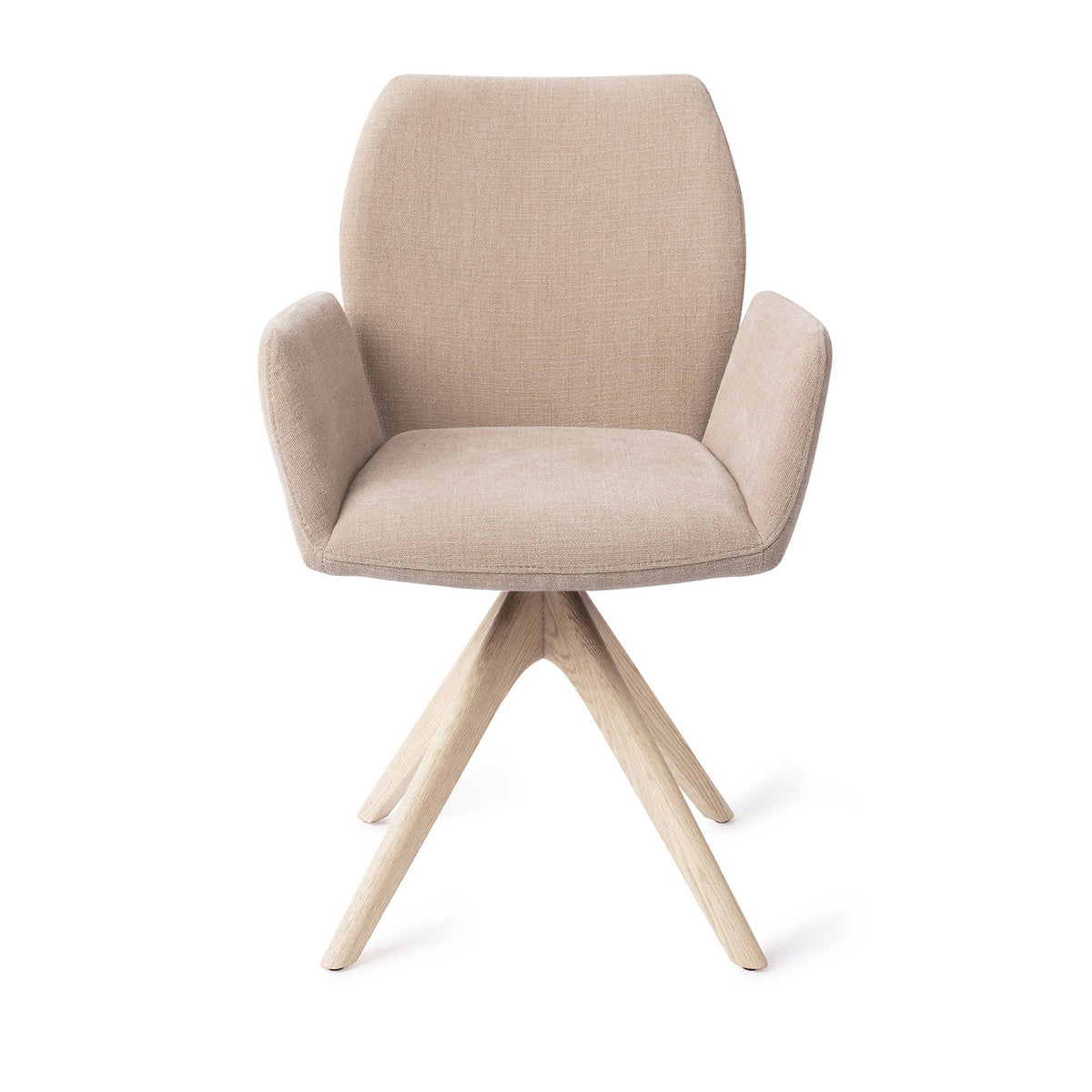 Chaise de salle à manger Misaki sable sur piètement pivotant chêne blanchi vue de face accoudoirs détachés du dossier