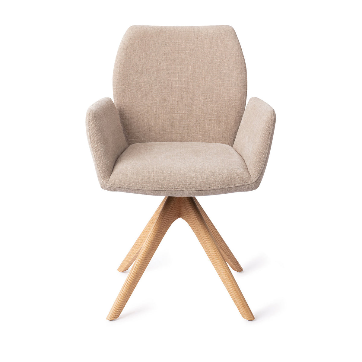 Chaise de salle à manger Misaki sable sur piètement pivotant chêne naturel vue de face accoudoirs détachés du dossier
