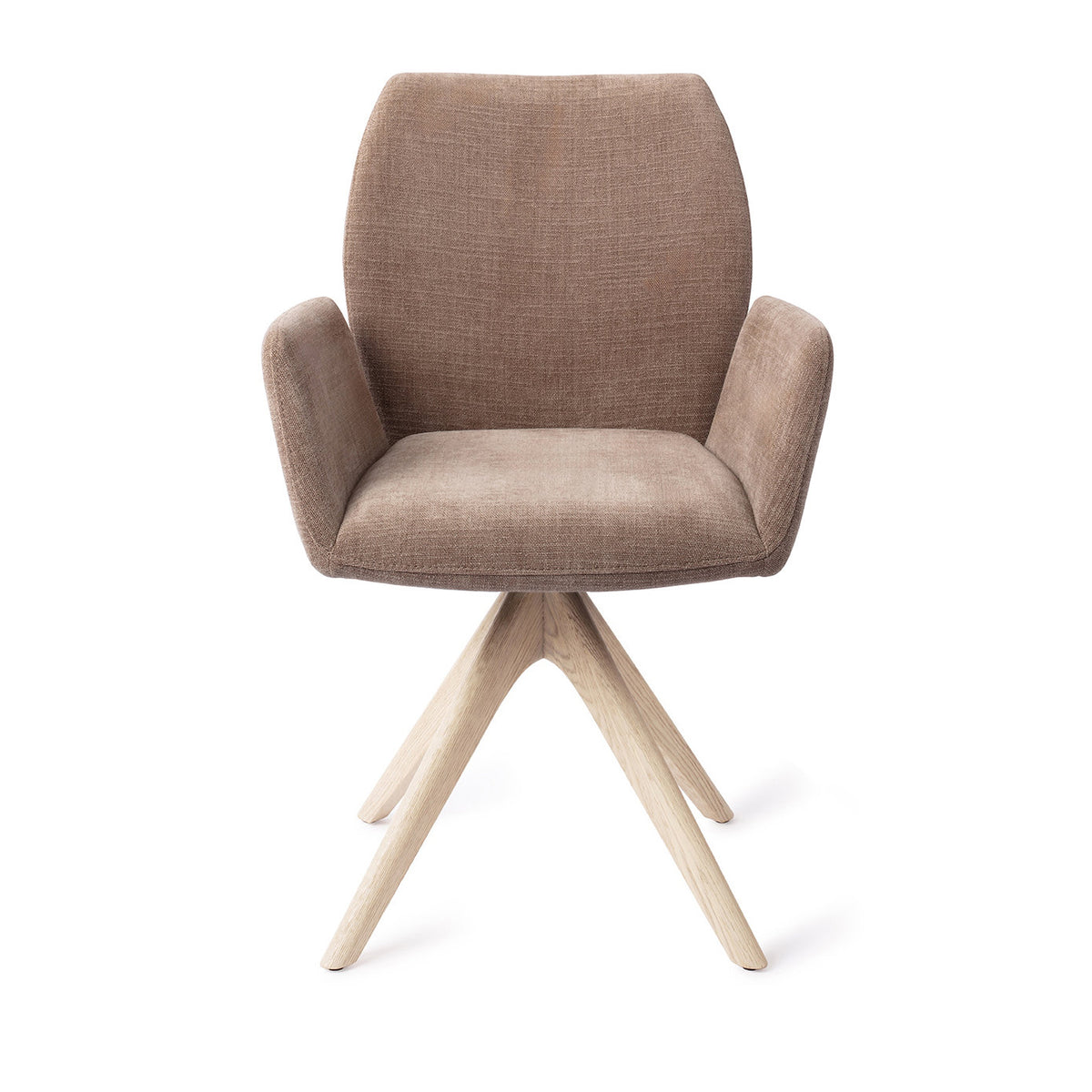 Chaise de salle à manger Misaki taupe sur piètement pivotant chêne blanchi vue de face accoudoirs détachés du dossier