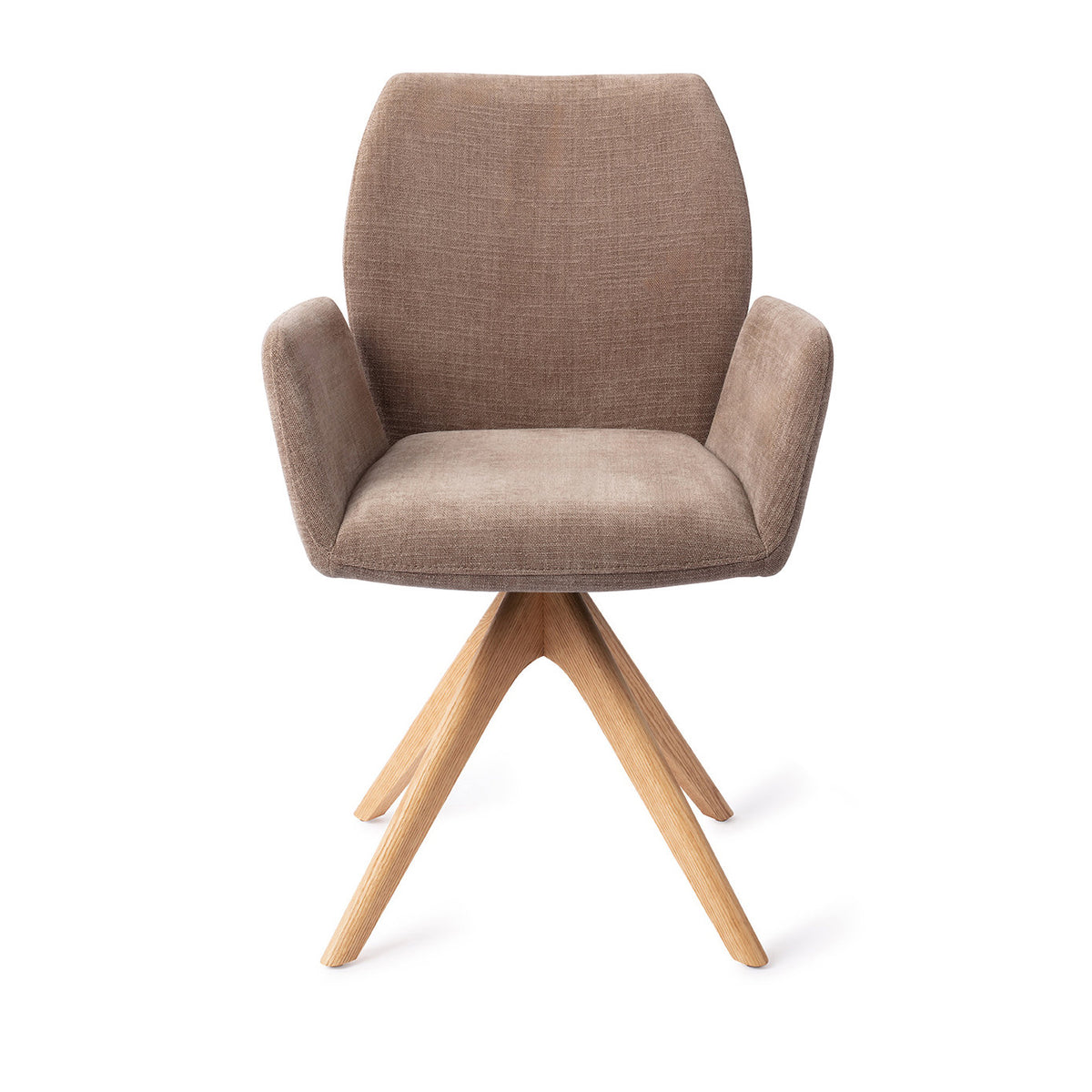 Chaise de salle à manger Misaki taupe sur piètement pivotant chêne naturel vue de face accoudoirs détachés du dossier