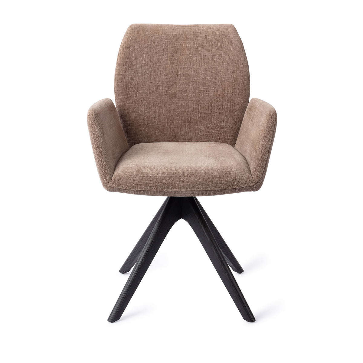 Chaise de salle à manger Misaki taupe sur piètement pivotant chêne noir vue de face accoudoirs détachés du dossier