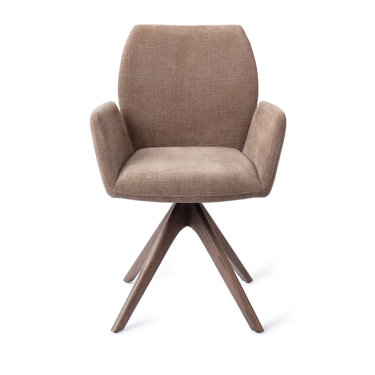 Chaise de salle à manger Misaki taupe sur piètement pivotant chêne teinté noyer vue de face accoudoirs détachés du dossier