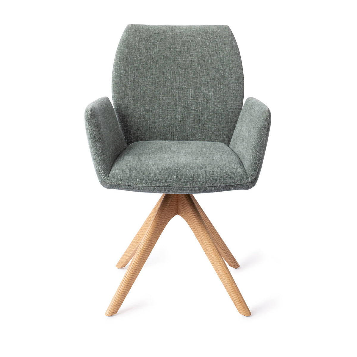 Chaise de salle à manger Misaki vert sauge sur piètement pivotant chêne naturel vue de face accoudoirs détachés du dossier
