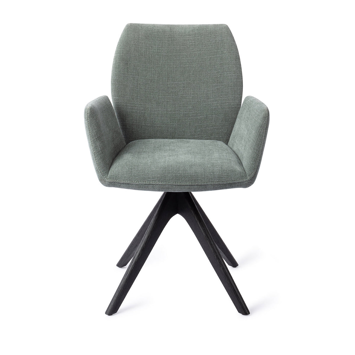 Chaise de salle à manger Misaki vert sauge sur piètement pivotant chêne noir vue de face accoudoirs détachés du dossier