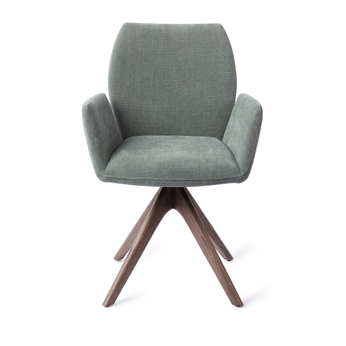 Chaise de salle à manger Misaki vert sauge sur piètement pivotant chêne teinté noyer vue de face accoudoirs détachés du dossier