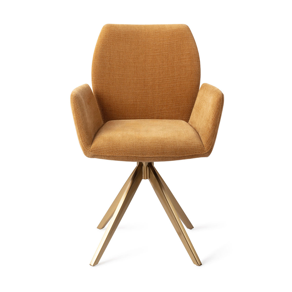 Chaise de salle à manger Misaki ocre sur piètement pivotant doré vue de face dossier galbé et accoudoirs évasés