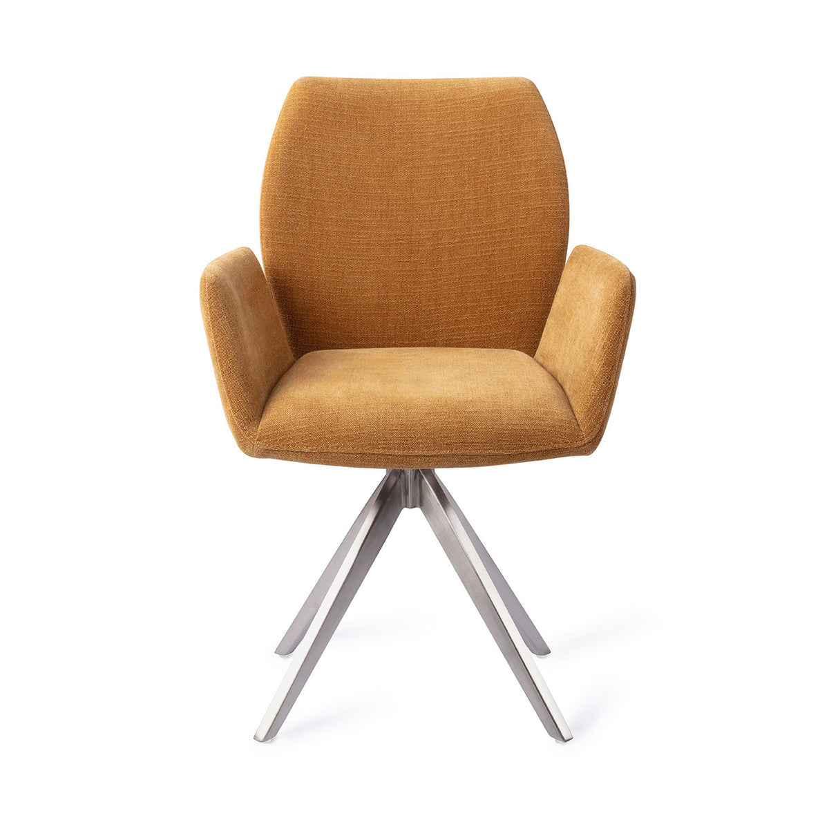 Chaise de salle à manger Misaki ocre sur piètement pivotant gris acier vue de face dossier galbé et accoudoirs évasés