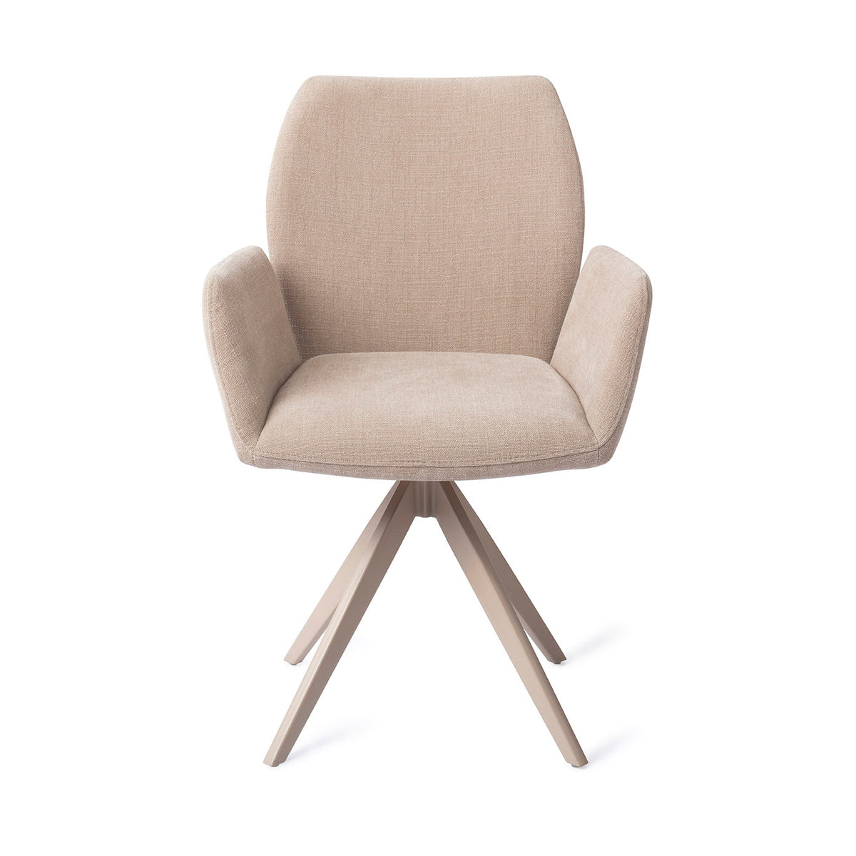 Chaise de salle à manger Misaki sable sur piètement pivotant beige vue de face dossier galbé et accoudoirs évasés