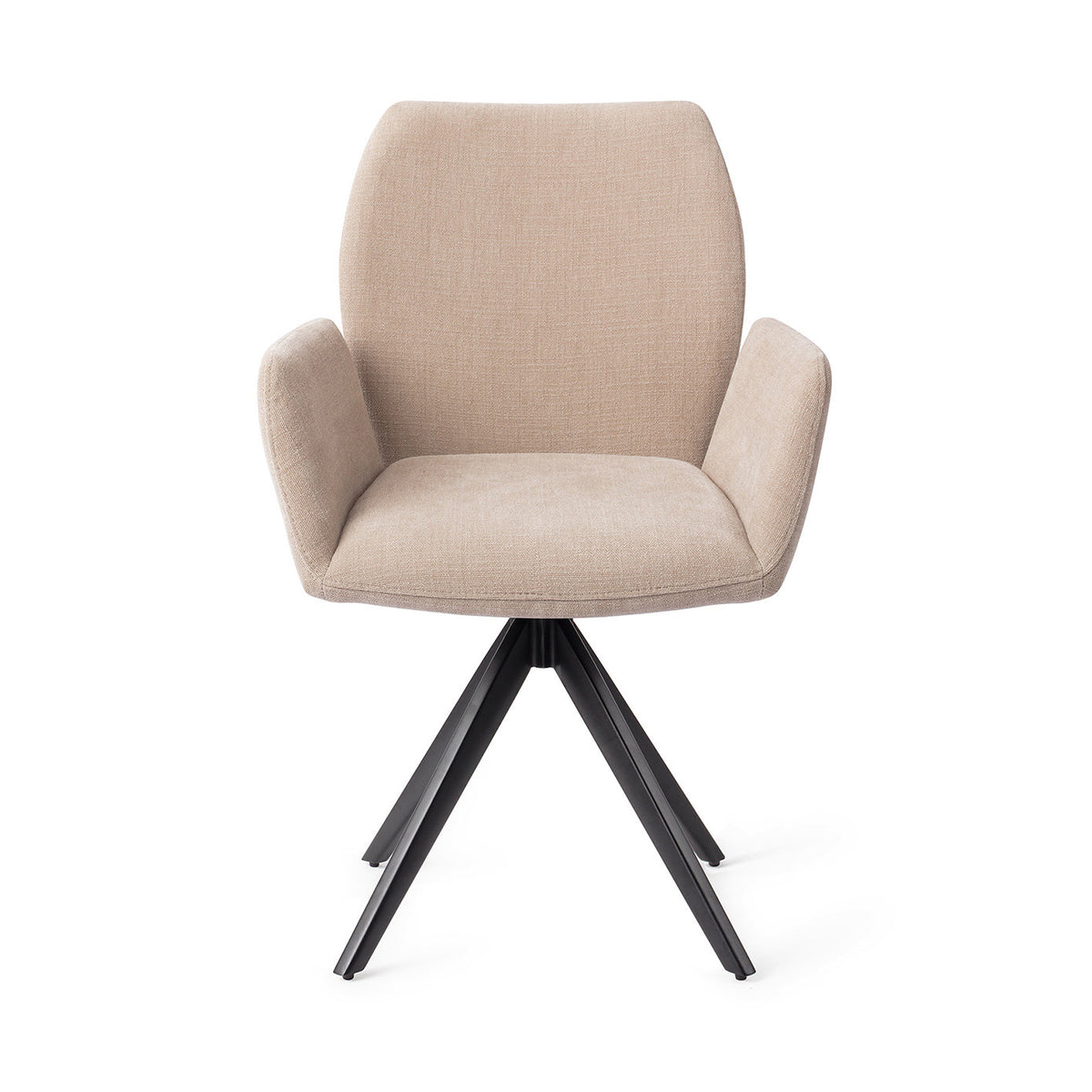 Chaise de salle à manger Misaki sable sur piètement pivotant noir vue de face dossier galbé et accoudoirs évasés