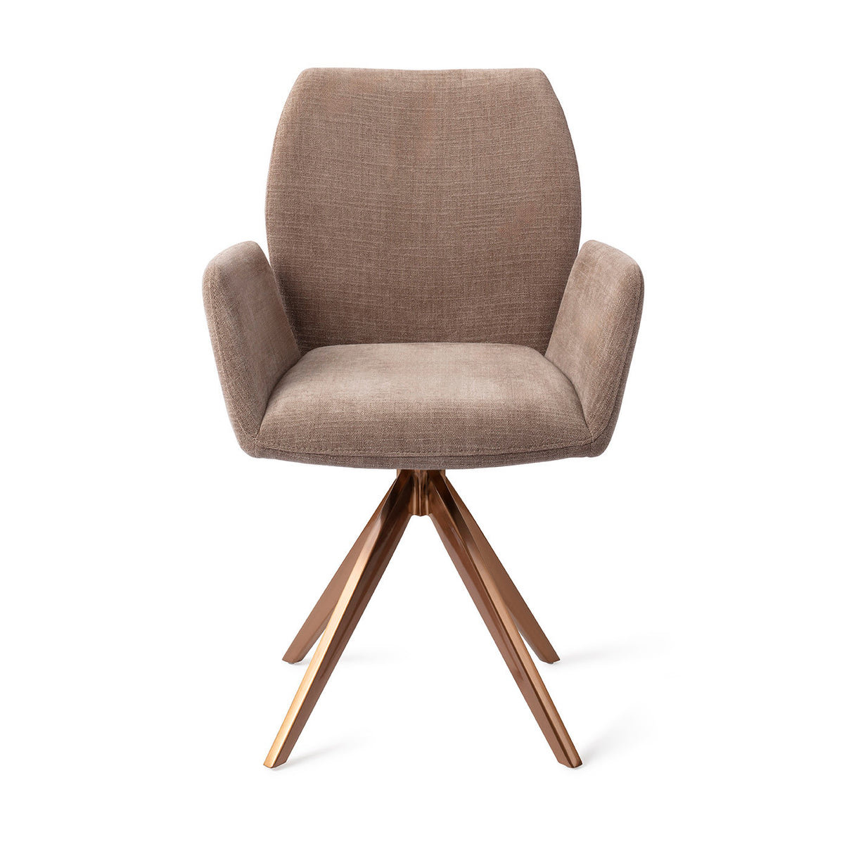 Chaise de salle à manger Misaki taupe sur piètement pivotant cuivré vue de face dossier galbé et accoudoirs évasés