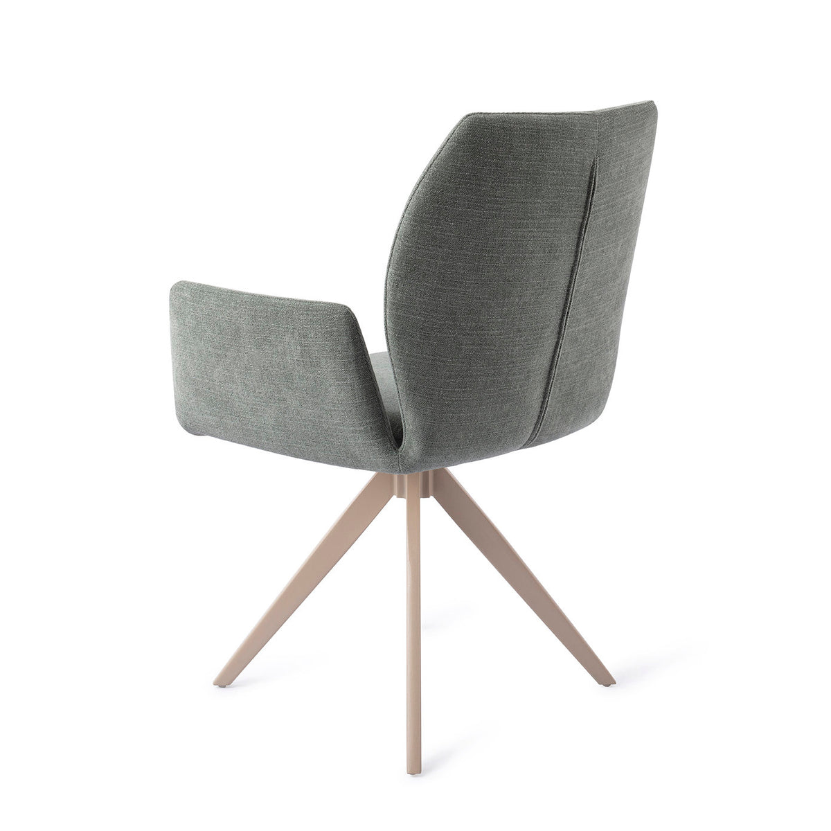 Dos de la chaise Misaki vert sauge avec sa couture verticale et son piètement pivotant beige