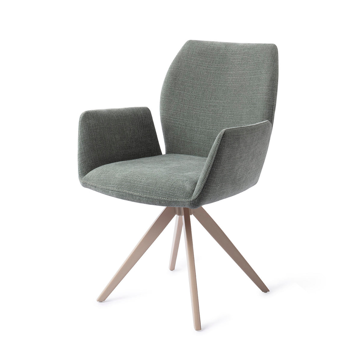 Chaise Misaki vert sauge sur piètement pivotant beige vue de trois quarts