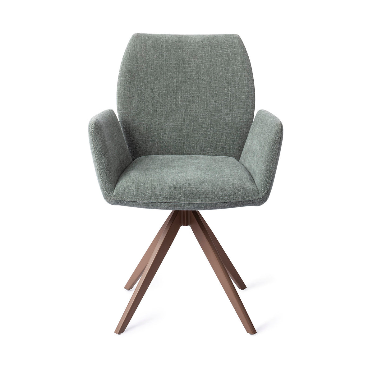 Chaise de salle à manger Misaki vert sauge sur piètement pivotant brun vue de face dossier galbé et accoudoirs évasés