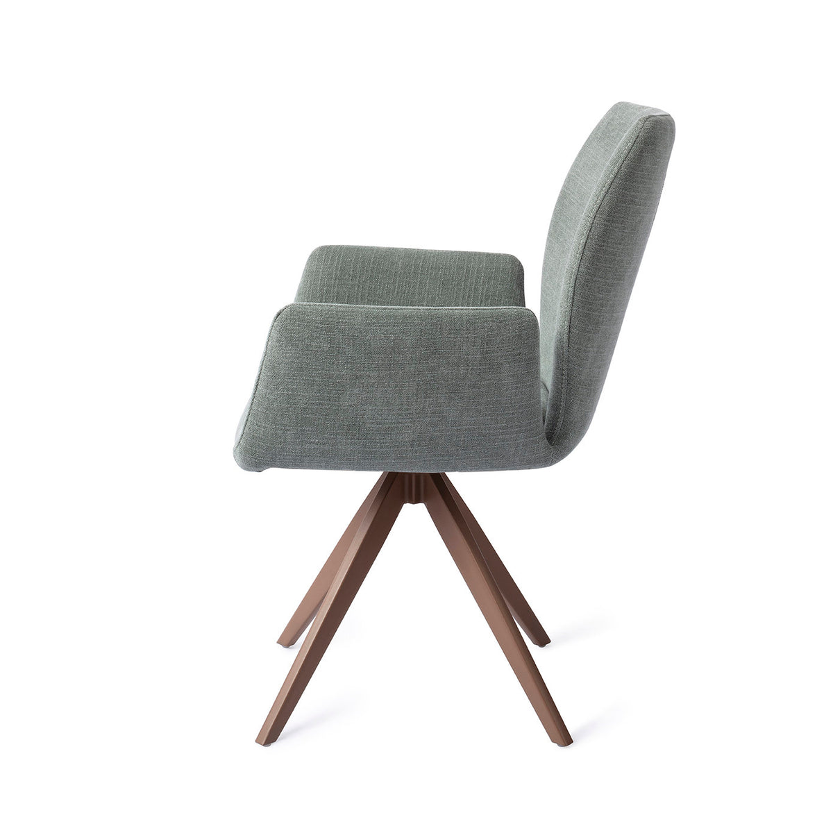 Chaise Misaki vert sauge vue de profil sur son piètement pivotant brun
