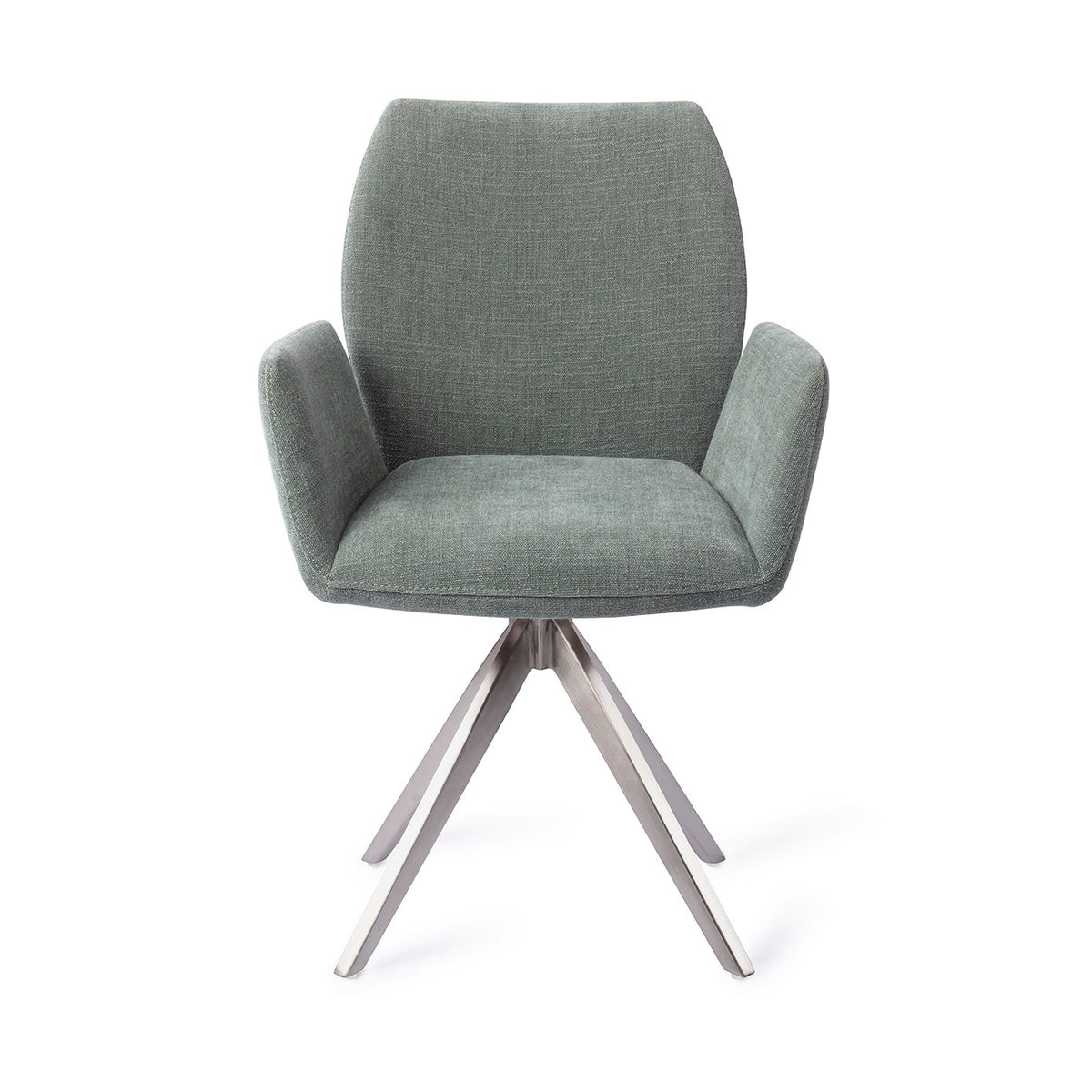 Chaise de salle à manger Misaki vert sauge sur piètement pivotant gris acier vue de face dossier galbé et accoudoirs évasés