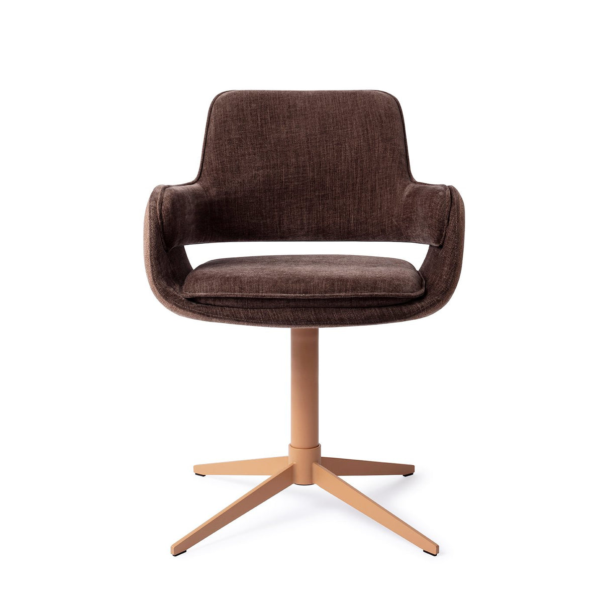 Chaise de salle à manger Oketo chocolat sur pied central caramel vue de face avec ses accoudoirs