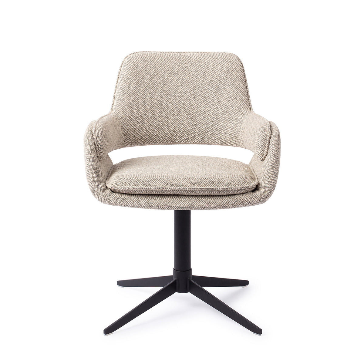 Chaise de salle à manger Oketo écru sur pied central noir vue de face avec ses accoudoirs