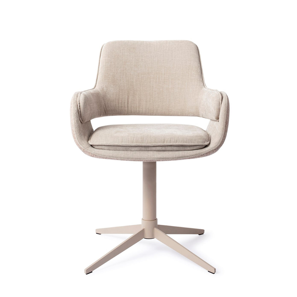 Chaise de salle à manger Oketo grège sur pied central assorti vue de face avec ses accoudoirs