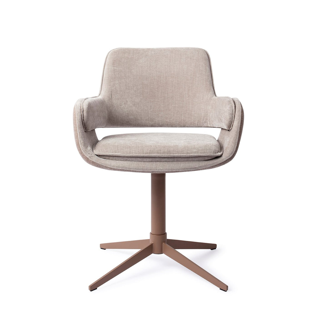 Chaise de salle à manger Oketo gris taupe sur pied central assorti vue de face avec ses accoudoirs