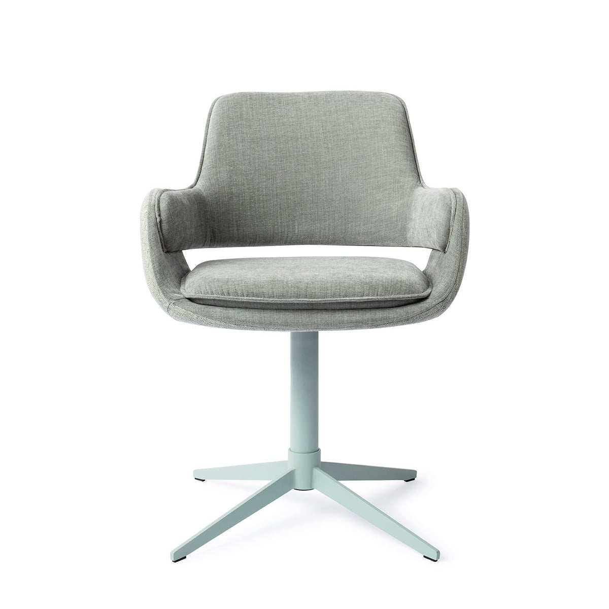 Chaise de salle à manger Oketo vert d'eau sur pied central assorti vue de face avec ses accoudoirs