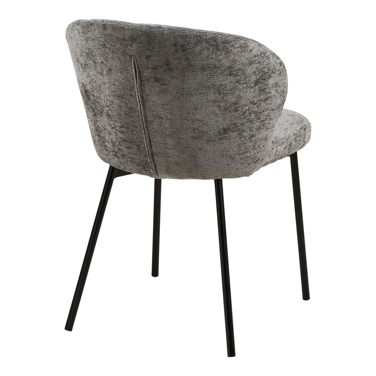 Dos de la chaise Roanne en chenille grise avec sa couture verticale et ses pieds noirs