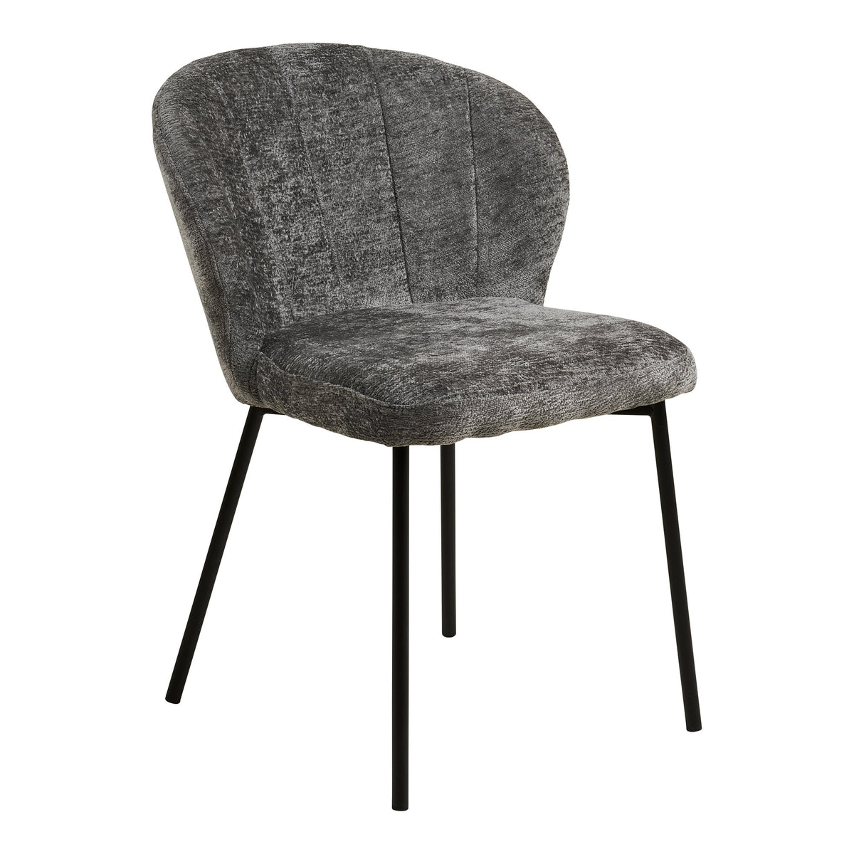 Chaise de salle à manger Roanne en chenille grise vue de trois quarts avec pieds en acier noir
